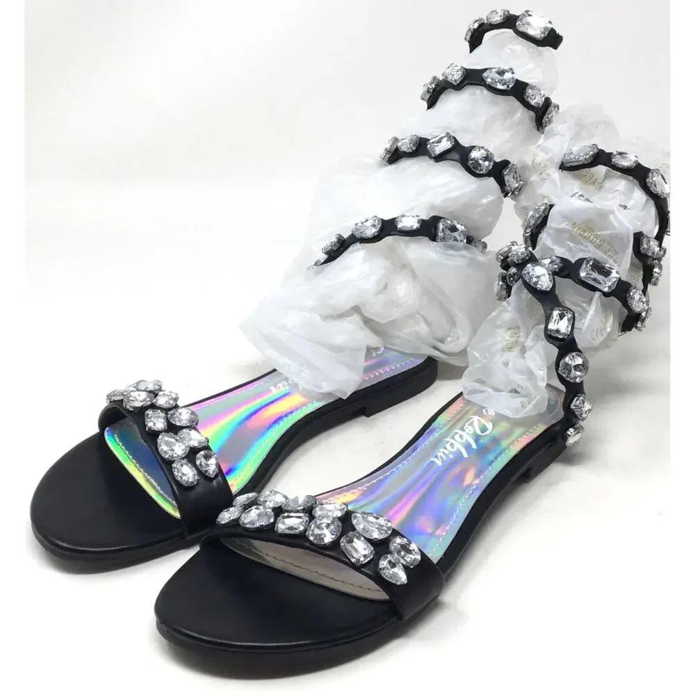 Cape Robbin Esmeralda Women's Size 7.5 Black Wrap Up Gemstone Round Sandals - Picture 3 of 6